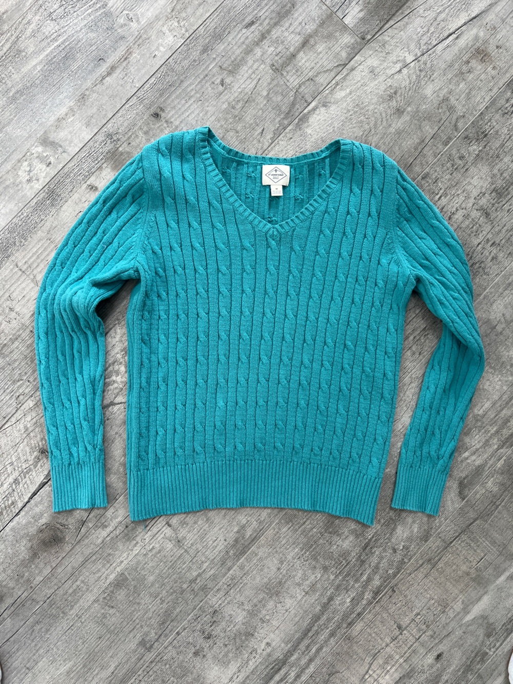 St. John's Bay Coastal Grandma Teal Cable-Knit V-Neck Cotton Blend Sweater Sz M